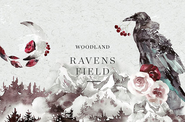 鳥や花の描写が美しい水彩のイラストレーションセット Woodland Ravens Field のご紹介 Webデザイン参考記事まとめアプデ