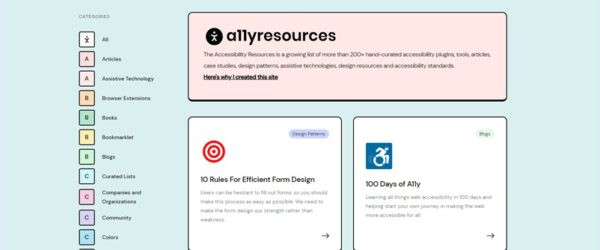 アクセシビリティに関するツールやリソースなどをカテゴリに分けて大量にまとめている・「a11yresources」