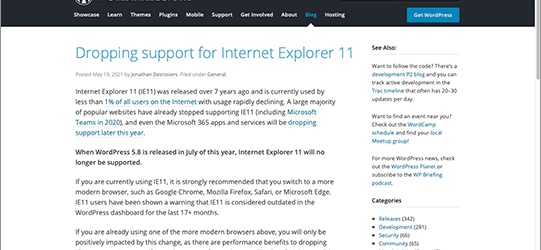 速報！WordPressから重要なお知らせ、次のバージョンでIE11のサポートを終了します