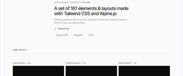 Tailwind.cssとAlpine.jsで作られた161ものUIやレイアウトを無償公開している・「Windstatic」