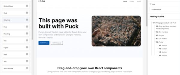 ドラッグ＆ドロップでWebページを作成できるセルフホスト可能なReact向けコンテンツエディター・「puck」