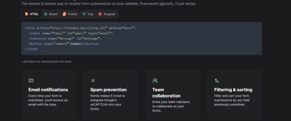 Webサイトの送信フォームをフレームワーク等に依存せず簡単に設置出来るようにするためのOSS・「formie」