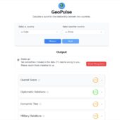 任意の2つの国を選択すると、AIがその国同士の関係性をスコア付きで詳しく説明してくれるオープンソースのWebアプリ・「GeoPulse」