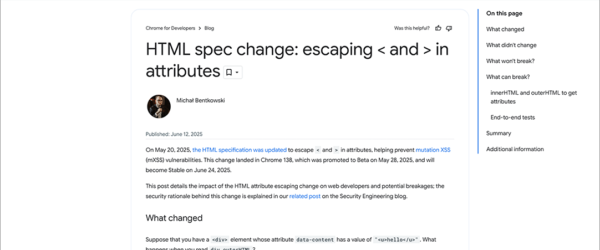 HTMLの仕様が変更され、属性値内に記述したがエスケープされるようになります