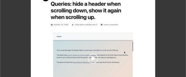 CSSの新しいクエリscroll-stateを使用すると、ページの途中で上にスクロールした際にヘッダだけを再度表示が簡単に実装できるようになります
